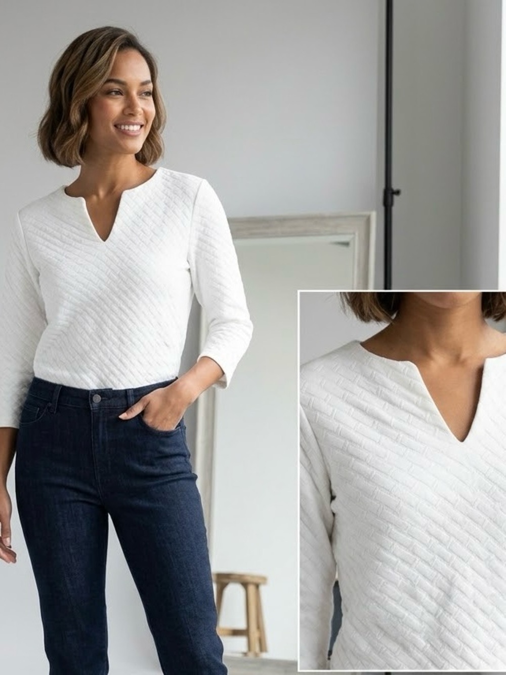 J.McLaughlin White Textured Quilted V-Neck 3/4 Sleeve Top - Size M